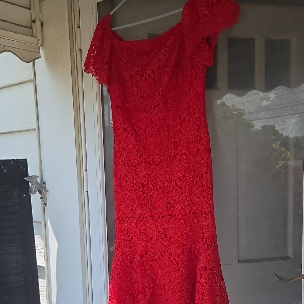 Polo by Ralph Lauren Red Lace Off-Shoulder Mini Dress Black Label - Picture 5 of 13